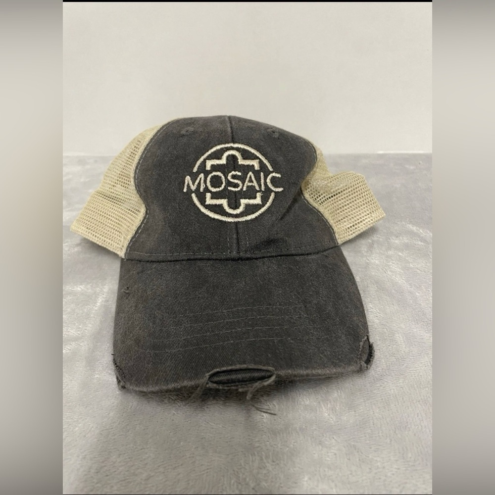Mosaic, Logo Distressed Grey And Tan Trucker Hat Preowned